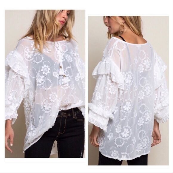 Pol White Boho Embroidered Floral Top with Ruffles - Picture 4 of 16